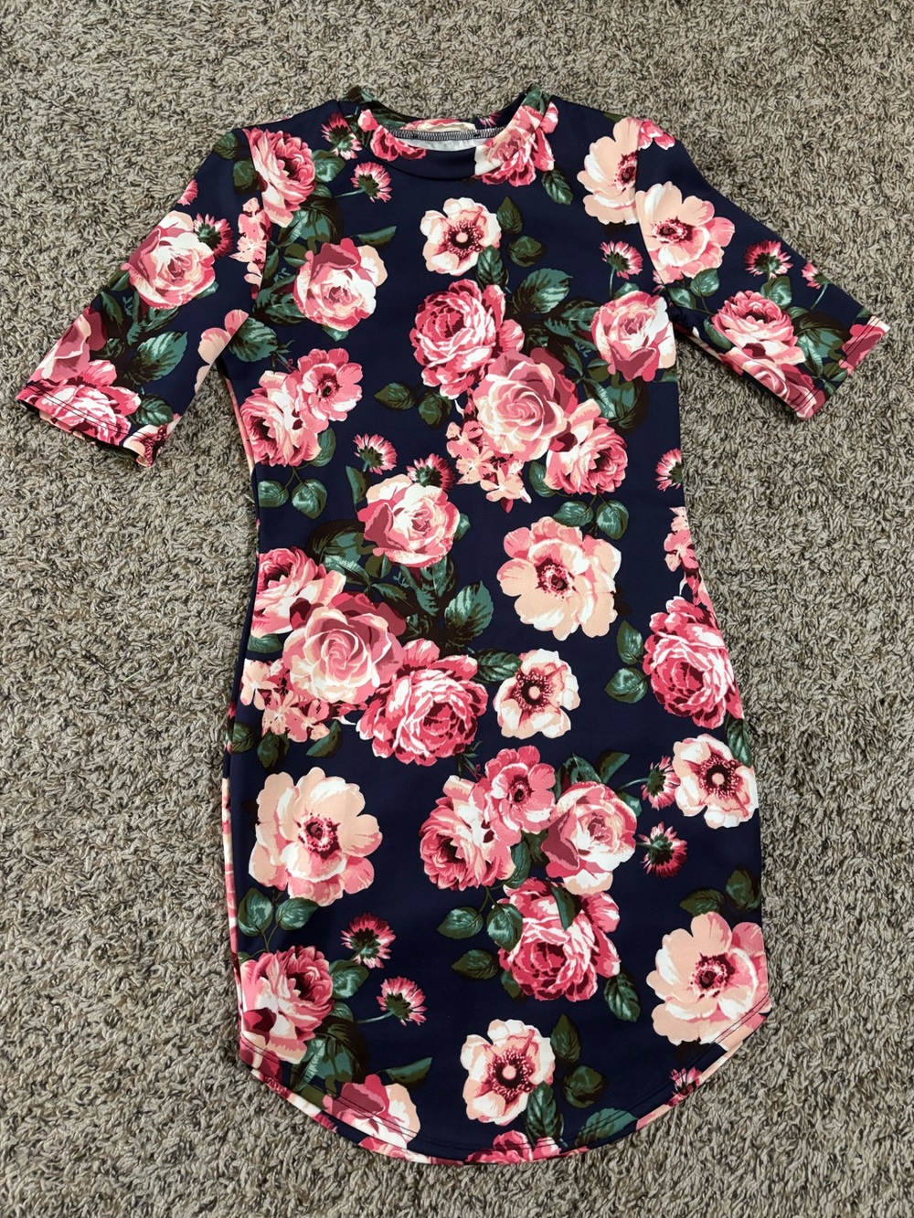Floral Bodycon Dress | Navy Dress w/Pink Roses | Half Sleeve Floral Sheath Dress